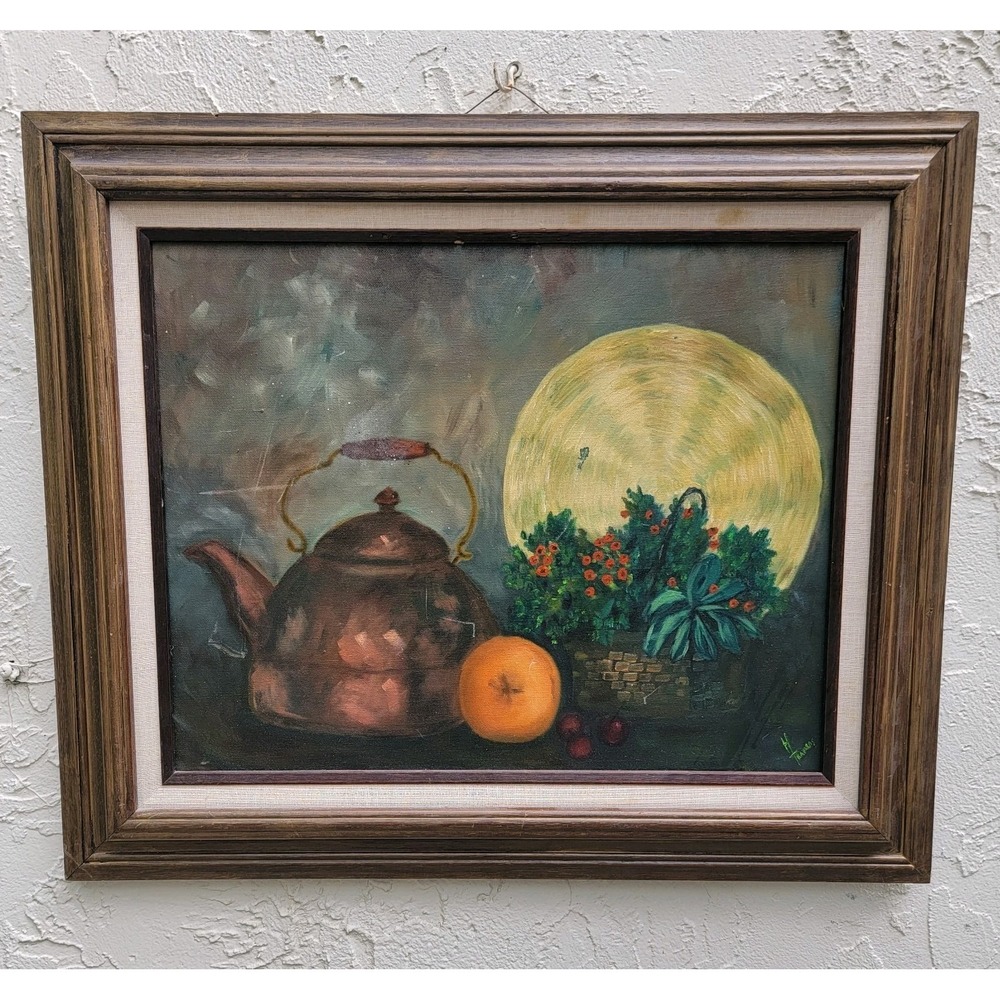 Signed‎ Still Life Oil Painting Kettle Fruit Flowers Framed Vintage Art 26x22"